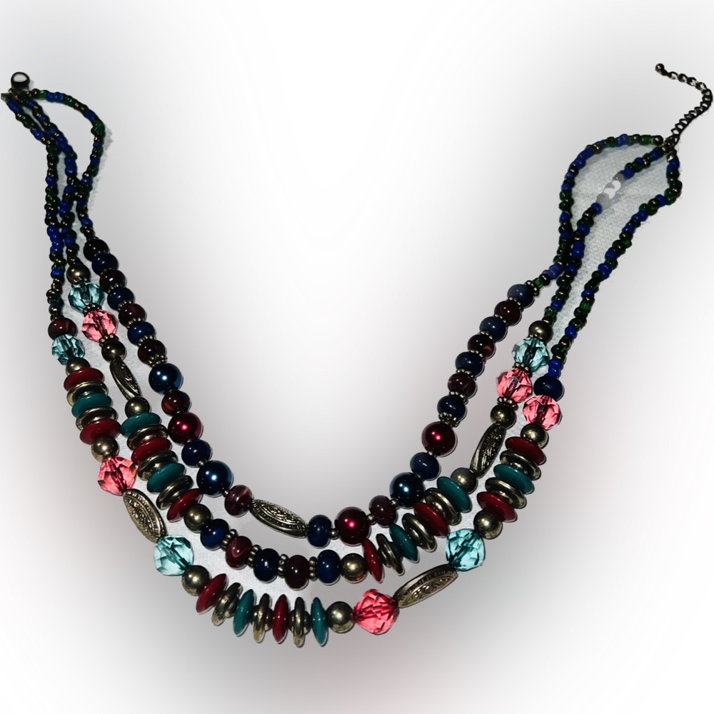 🔴Vintage Multi-Strand Beaded Necklace Multi-Color Multi-Size Beads Metallic